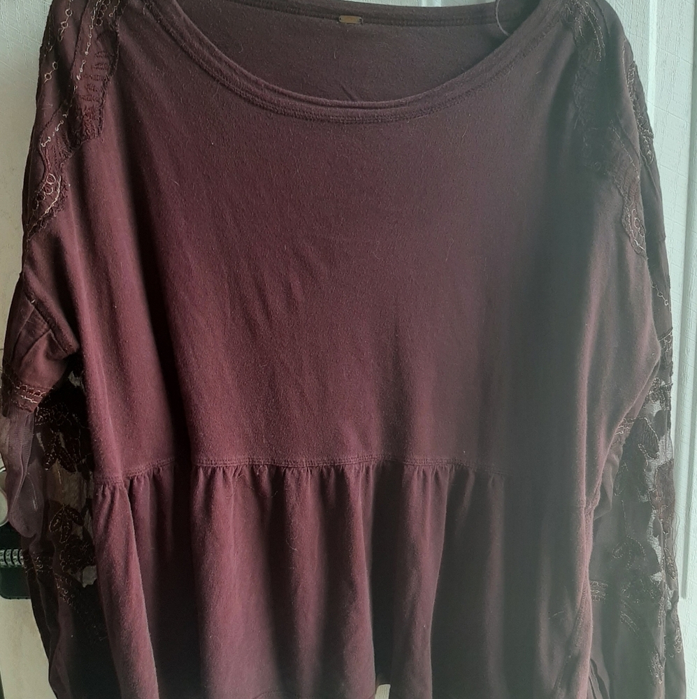 Free People Lace Embroidered LARGE Sleeve Top - Burgundy